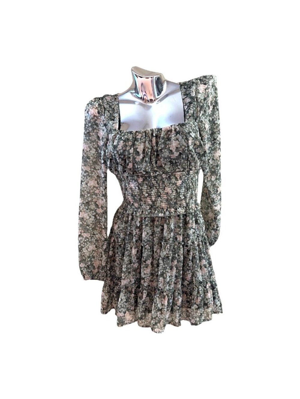 Trixxi Smocked Waist Mini Dress Size XS Floral Chiffon Tiered Milkmaid Coquette